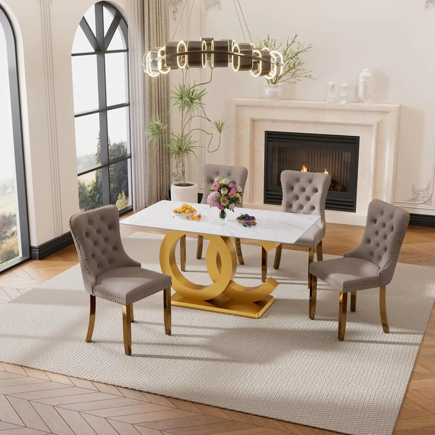 5 Pieces White Faux Marble Large Dining Set