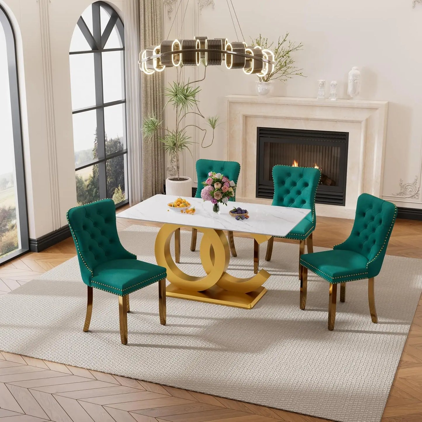 5 Pieces White Faux Marble Large Dining Set