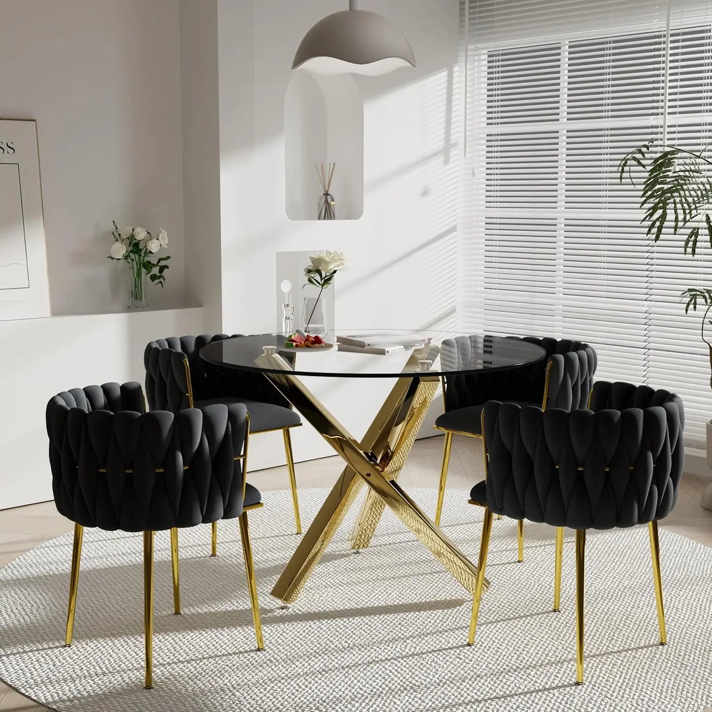 Golden Round Glass Dining Table Set for 4