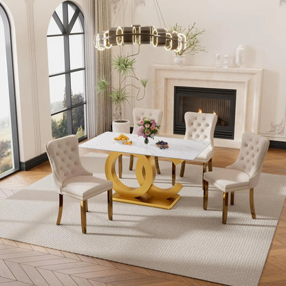 5 Pieces White Faux Marble Large Dining Set