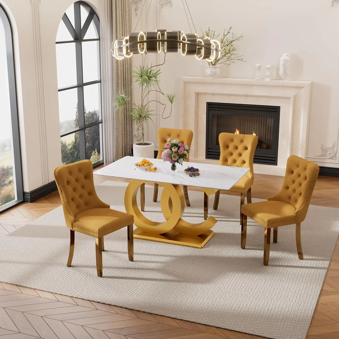 5 Pieces White Faux Marble Large Dining Set