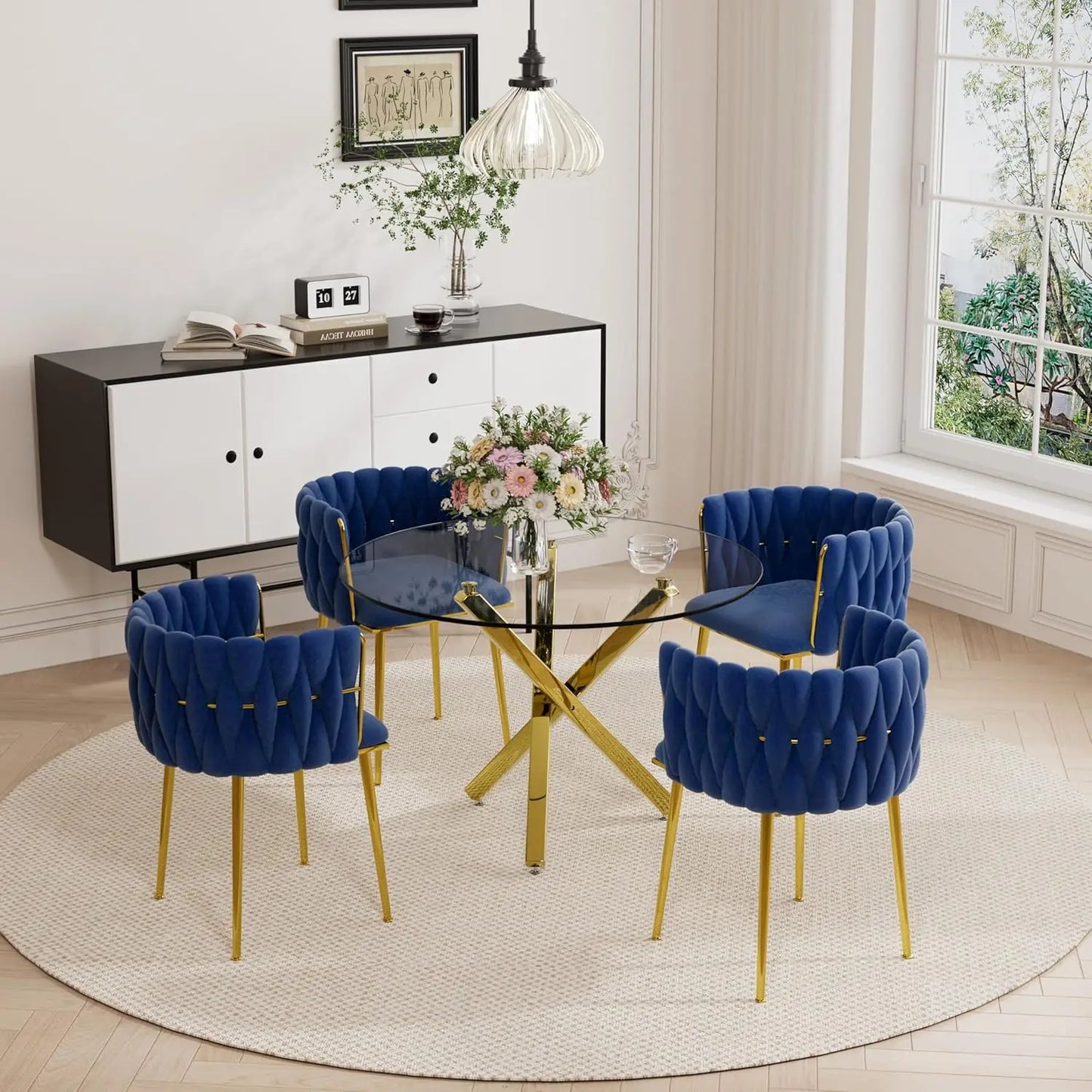 Golden Round Glass Dining Table Set for 4