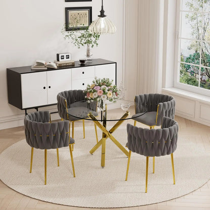 Golden Round Glass Dining Table Set for 4