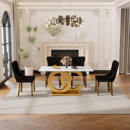 5 Pieces White Faux Marble Large Dining Set