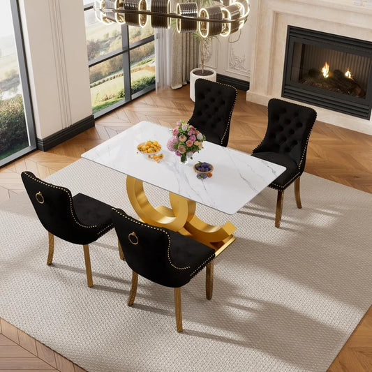 5 Pieces White Faux Marble Large Dining Set