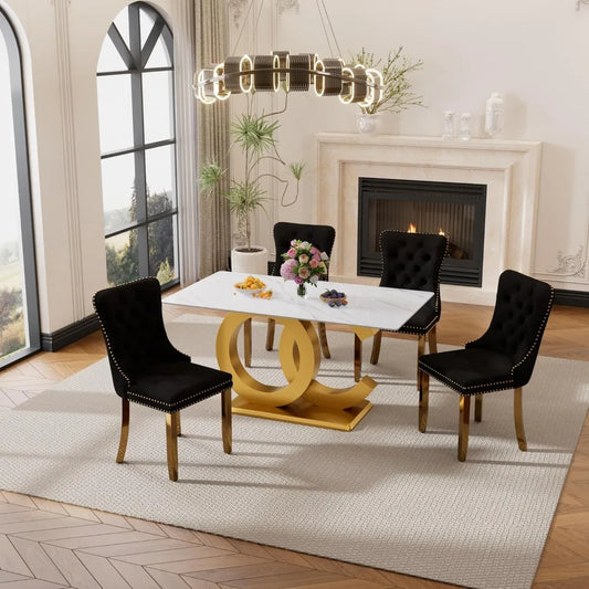 5 Pieces White Faux Marble Large Dining Set