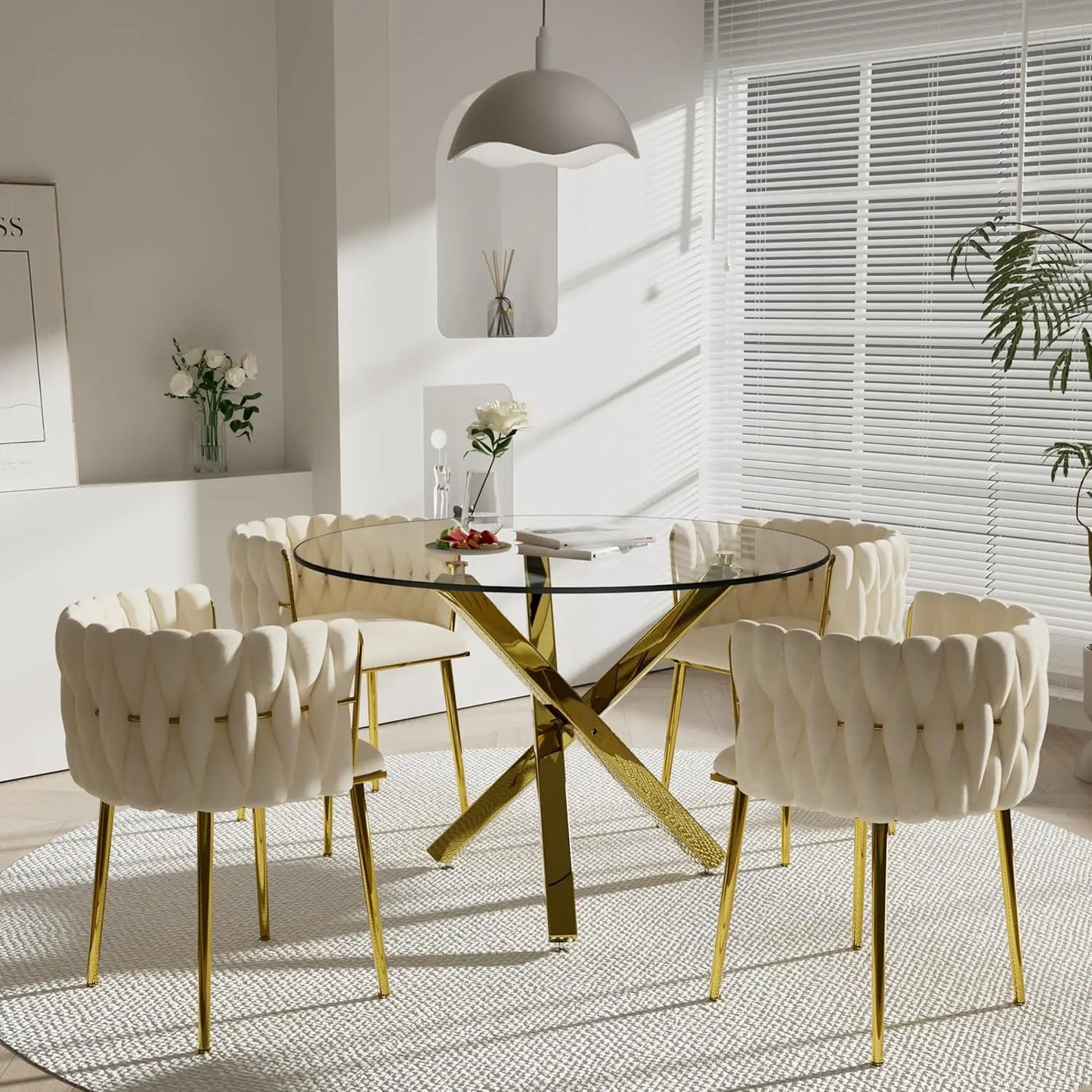 Golden Round Glass Dining Table Set for 4