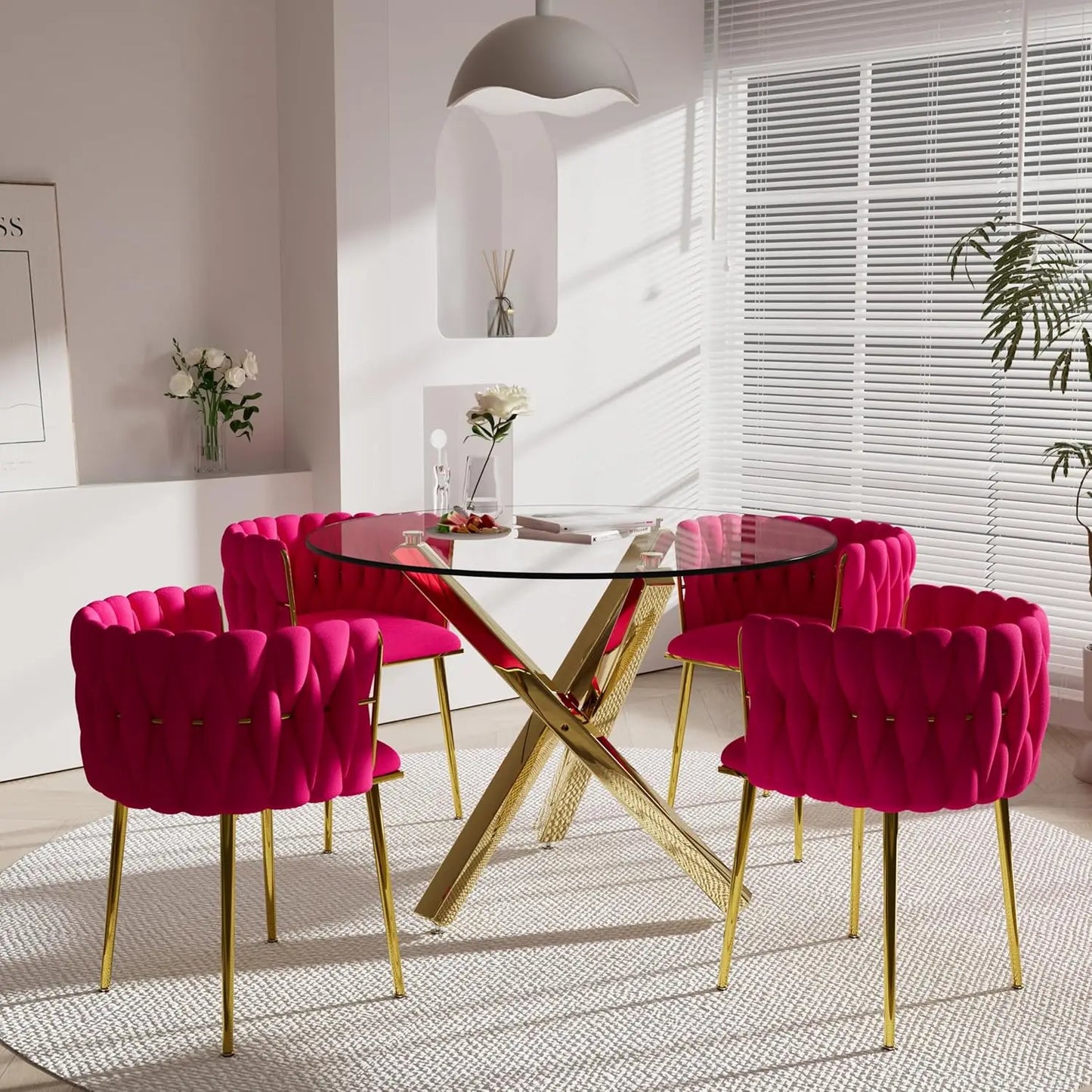 Golden Round Glass Dining Table Set for 4