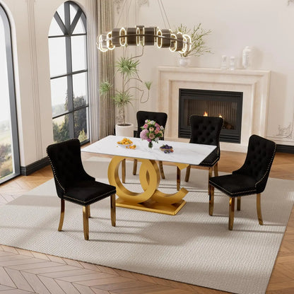 5 Pieces White Faux Marble Large Dining Set