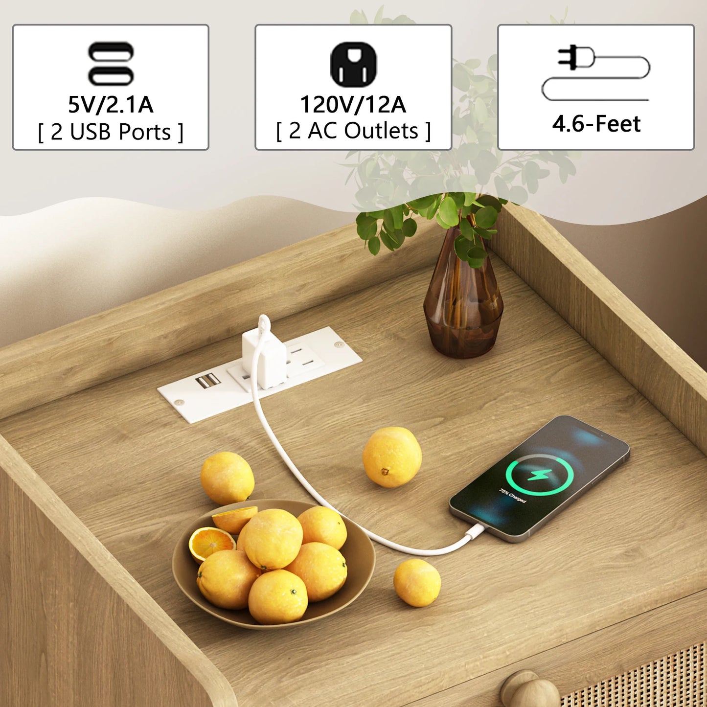 Rattan Nightstand with Charging Station