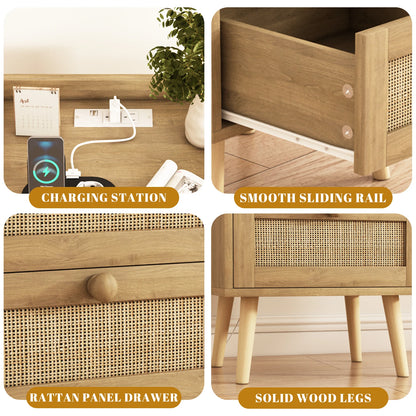Rattan Nightstand with Charging Station