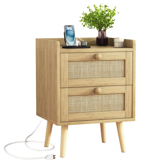 Rattan Nightstand with Charging Station