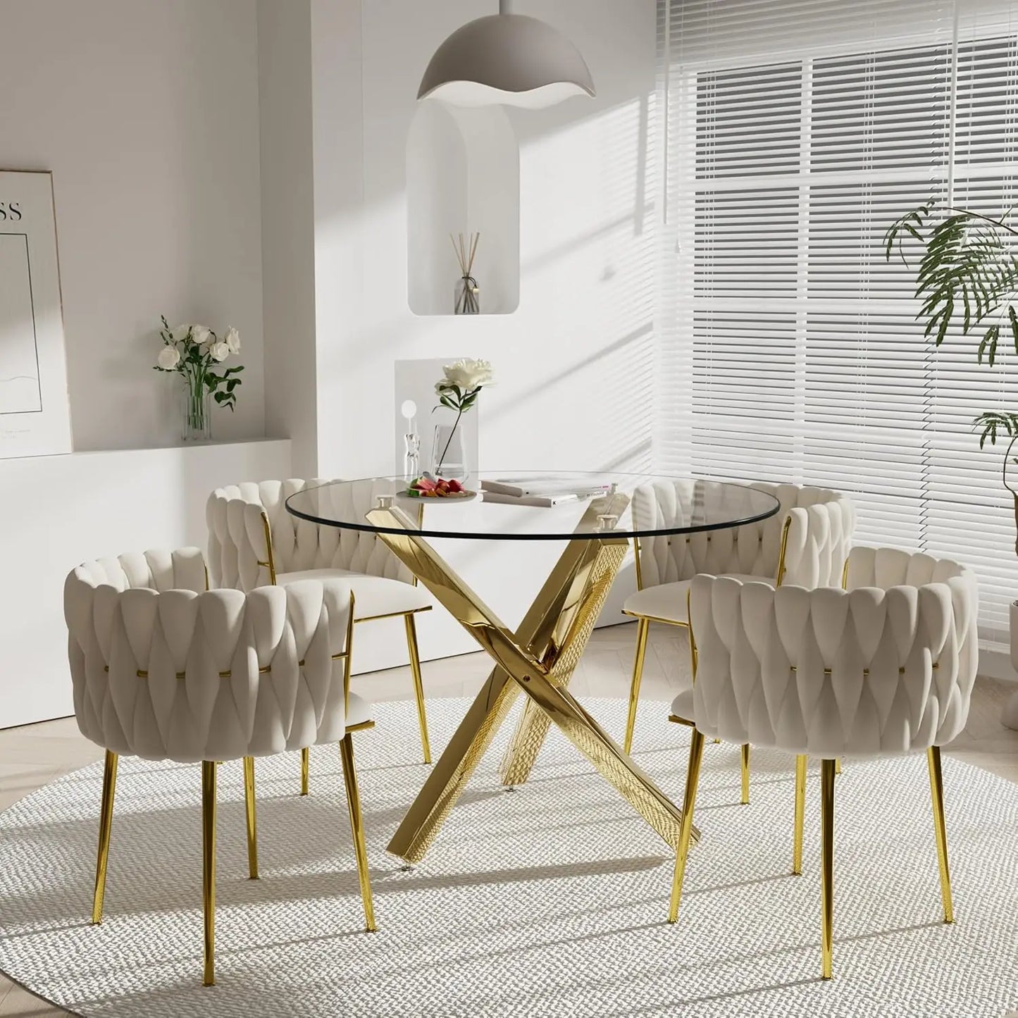 Golden Round Glass Dining Table Set for 4