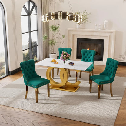 5 Pieces White Faux Marble Large Dining Set