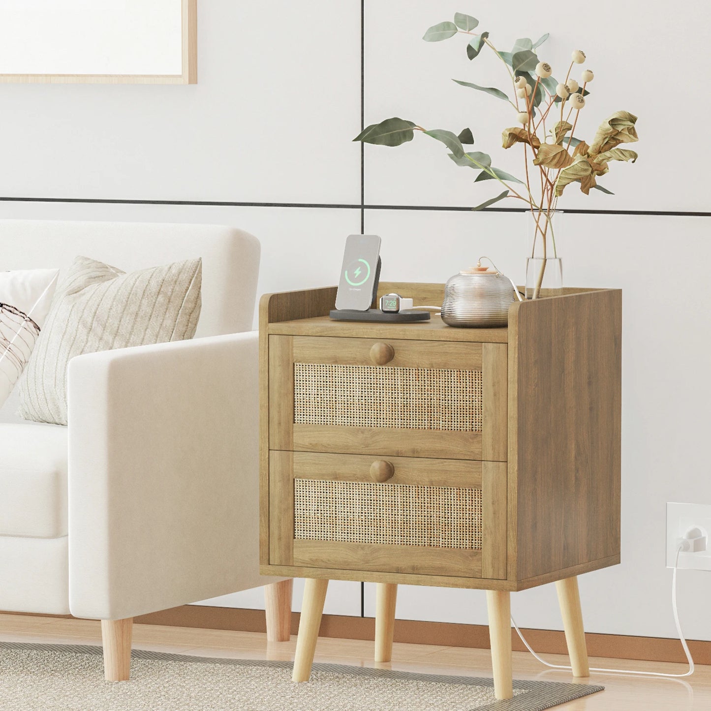 Rattan Nightstand with Charging Station