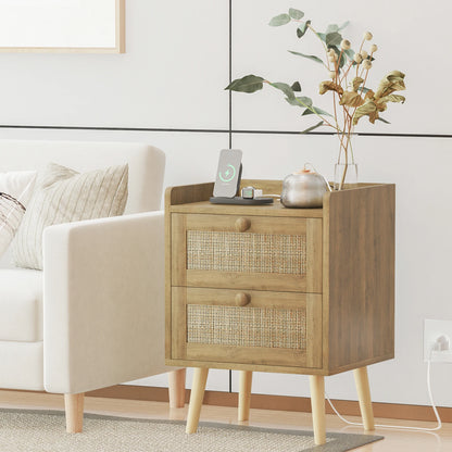 Rattan Nightstand with Charging Station